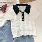 Collared Short-sleeve Open Knit Top White - One Size