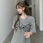 Ribbon-accent Striped Loose T-shirt Stripe - One Size
