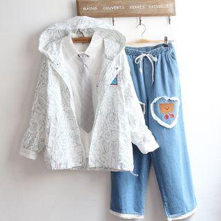 Cartoon Print Hooded Zip Jacket / Shirt / Cartoon Embroidered Jeans / Set