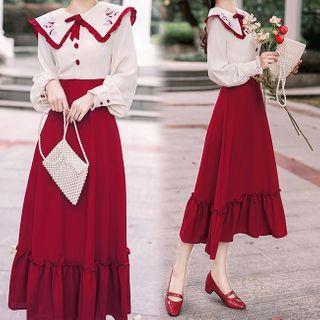 Puff-sleeve Paneled Floral Embroidered Midi A-line Dress