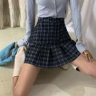 Pleated Argyle Denim Mini A-line Skirt