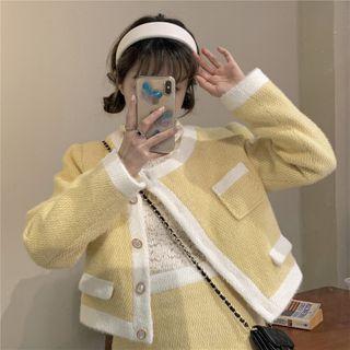 Long-sleeve Buttoned Cropped Coat + Mini Skirt + Lace Top