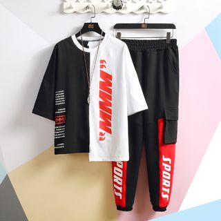 Set: Short-sleeve Lettering T-shirt + Lettering Harem Pants