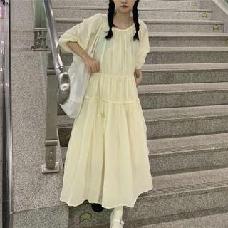 Puff-sleeve Maxi A-line Dress Cream Yellow - One Size
