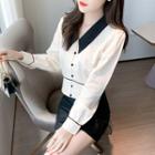 Contrast Collar Long-sleeve Cropped Blouse