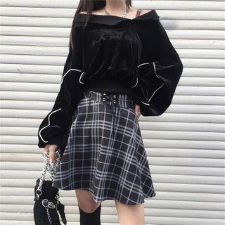 Embroidered Off-shoulder Velvet Cropped Top / Plaid A-line Skirt