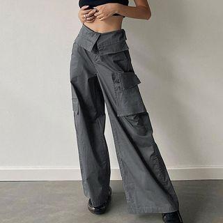 Plain High Waist Wide-leg Cargo Pants