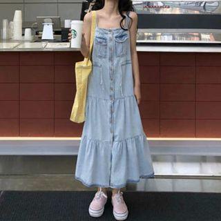 Spaghetti Strap Tiered Denim A-line Midi Dress