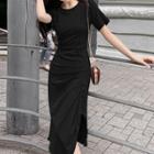 Short-sleeve Asymmetrical Slit Midi Sheath Dress