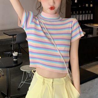 Mock Neck Striped Cropped Top As Shown In Figure - One Size