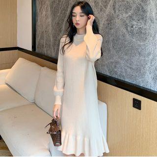 Long-sleeve Ruffled Knit Dress Almond - One Size