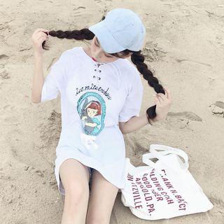 Printed Lace-up Short-sleeve Long T-shirt
