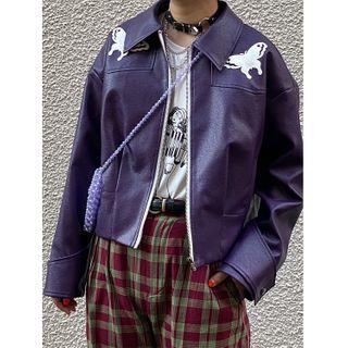 Butterfly Print Faux Leather Zip Cropped Jacket