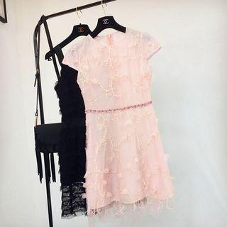 Embroidered Mesh Short-sleeve Shift Dress