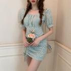 Short-sleeve Gingham Drawstring Mini Dress