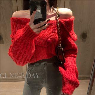 Asymmetric Buttoned Off-shoulder Sweater