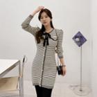 Tie-neck Buttoned Stripe Knit Dress