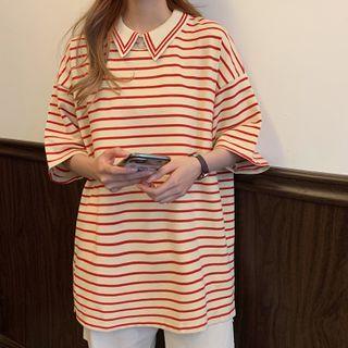 Collared Elbow-sleeve Striped T-shirt