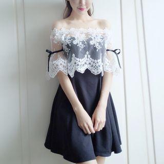 Set: Elbow-sleeve Lace Top + Strapless A-line Dress
