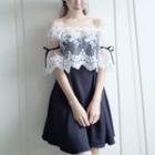 Set: Elbow-sleeve Lace Top + Strapless A-line Dress