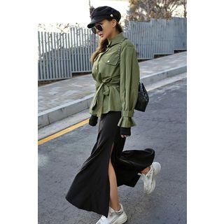 Dual-pocket Snap-button Jacket With Sash