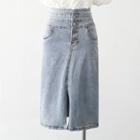 High-waist Washed Denim Button-up A-line Skirt