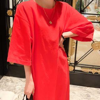 3/4-sleeve Linen Long T-shirt Dress