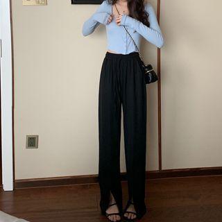 High-waist Plain Drawstring Slit Pants