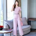 Set: Short-sleeve Asymmetric Top + Wide-leg Pants