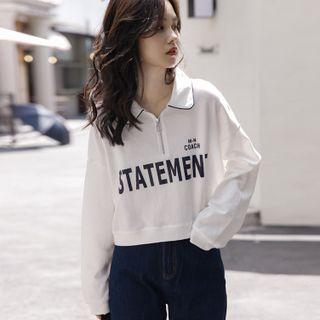 Lettering Print Collared Half-zip Cropped Sweatshirt