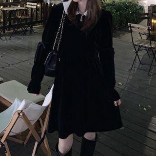 Flared-cuff A-line Velvet Dress Black - One Size