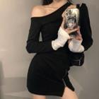 Long-sleeve Two-tone Cutout Zip-up Mini Bodycon Dress Black - One Size