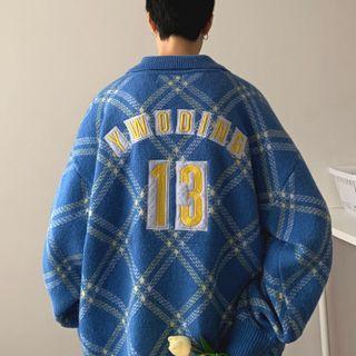 Letter Embroidered Argyle Polo Sweater