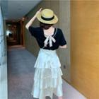 Short-sleeve Lace-up T-shirt / Satin Layer A-line Skirt