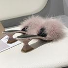 Fringed Hem Block Heel Mules
