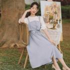 Short-sleeve Frill Trim Blouse / Plaid Midi A-line Overall Dress / Set