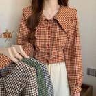 Long-sleeve Wide-collar Houndstooth Blouse