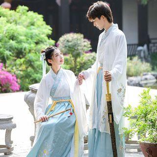 Set: Embroidered Trim Top + Maxi Skirt + Hanfu Long Light Jacket / Top + Maxi Skirt / Hanfu Long Light Jacket