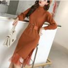 Set: Mock Turtleneck Midi Knit Dress + Midi Mesh Skirt