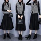 Set: Houndstooth Vest + Long-sleeve Midi A-line Dress