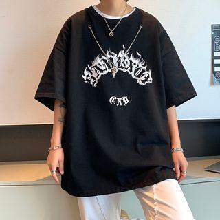 Mock Two-piece Short-sleeve Lettering Chained T-shirt