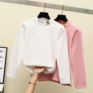 Mock-neck Smile Embroidered Long-sleeve T-shirt