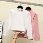 Mock-neck Smile Embroidered Long-sleeve T-shirt