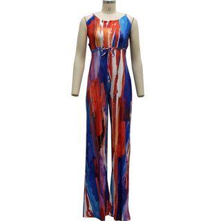 Spaghetti Strap Print Tie-waist Wide Leg Jumpsuit