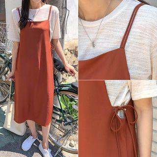 Double-strap Tie-side Midi Pinafore Dress