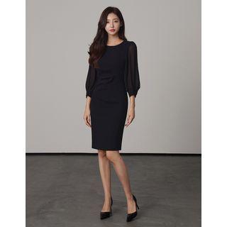 Pintuck Sheer-sleeve Midi Sheath Dress