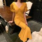 V-neck Ruffle-trim Puff-sleeve Dress Yellow - One Size