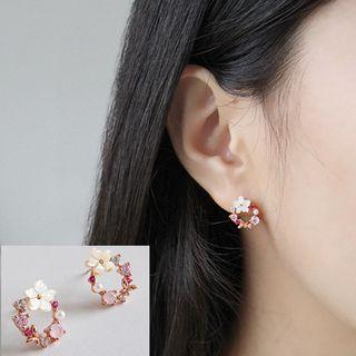 925 Sterling Silver Rhinestone Flower Hoop Earring Rose Gold - One Size