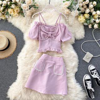 Set : Off-shoulder Bow Suspender Top + Pocket Skirt