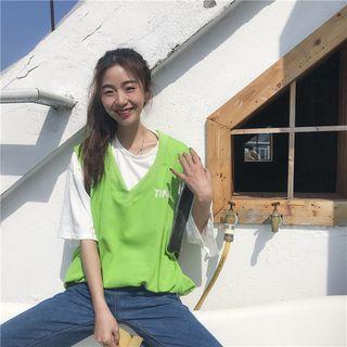 Letter Applique Vest / Elbow Sleeve T-shirt